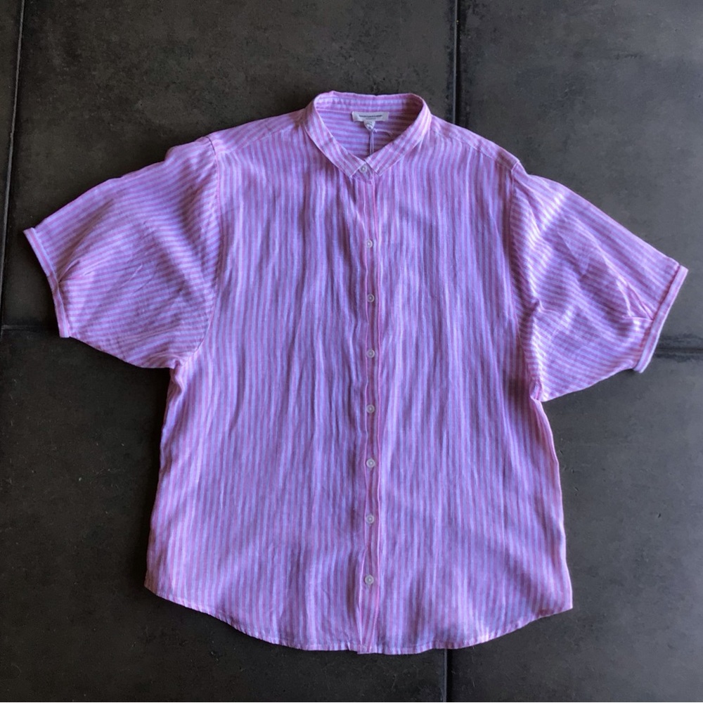 Pink and White Striped Linen Button Down Shirt